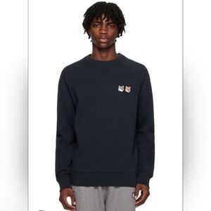 MAISON KITSUNE Faded Black Crewneck Sweater with Fox Patches Size Small